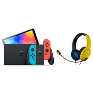 Nintendo Switch OLED Azul Neón/Rojo Neón+PDP LVL40 Auriculares Gaming Amarillo/Azul